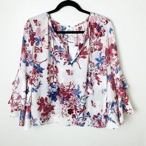 NEW MISA floral print  bell sleeve swing v-neck blouse small